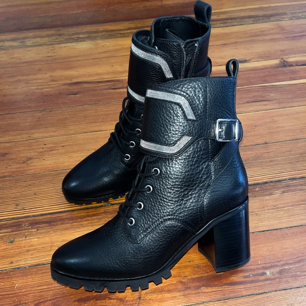 Paige Daphne Heeled Combat Boots Leather Lace Up Lug Sole Army Military Booties - Picture 3 of 7
